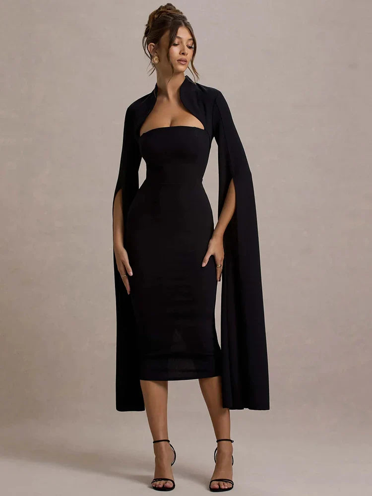 Calista Cape Strapless Sleeve Midi Dress