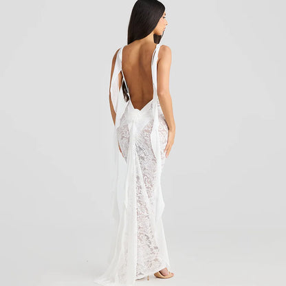 Rosette Backless Lace Mermaid Gown with Chiffon Streamers