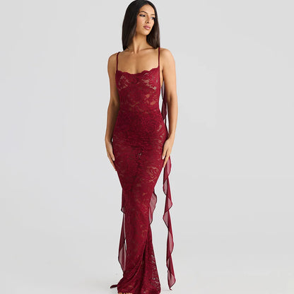 Rosette Backless Lace Mermaid Gown with Chiffon Streamers