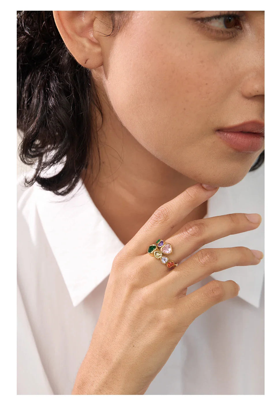 Fiorella Gold Adjustable Colorful Heart Gemstones Ring