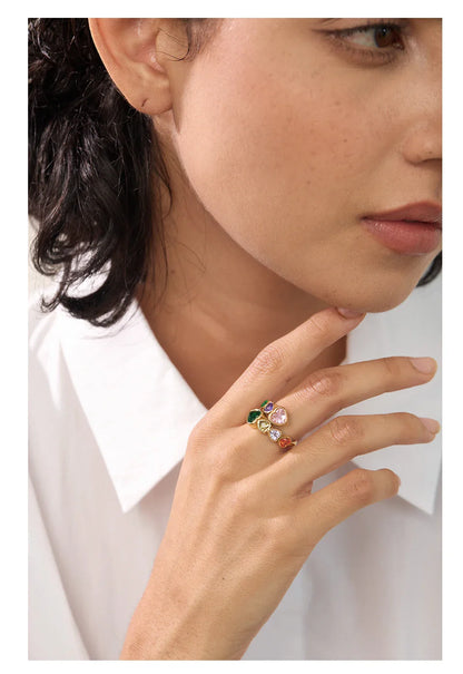 Fiorella Gold Adjustable Colorful Heart Gemstones Ring