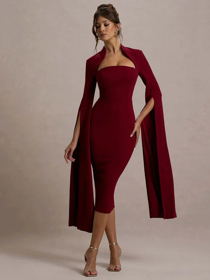 Calista Cape Strapless Sleeve Midi Dress