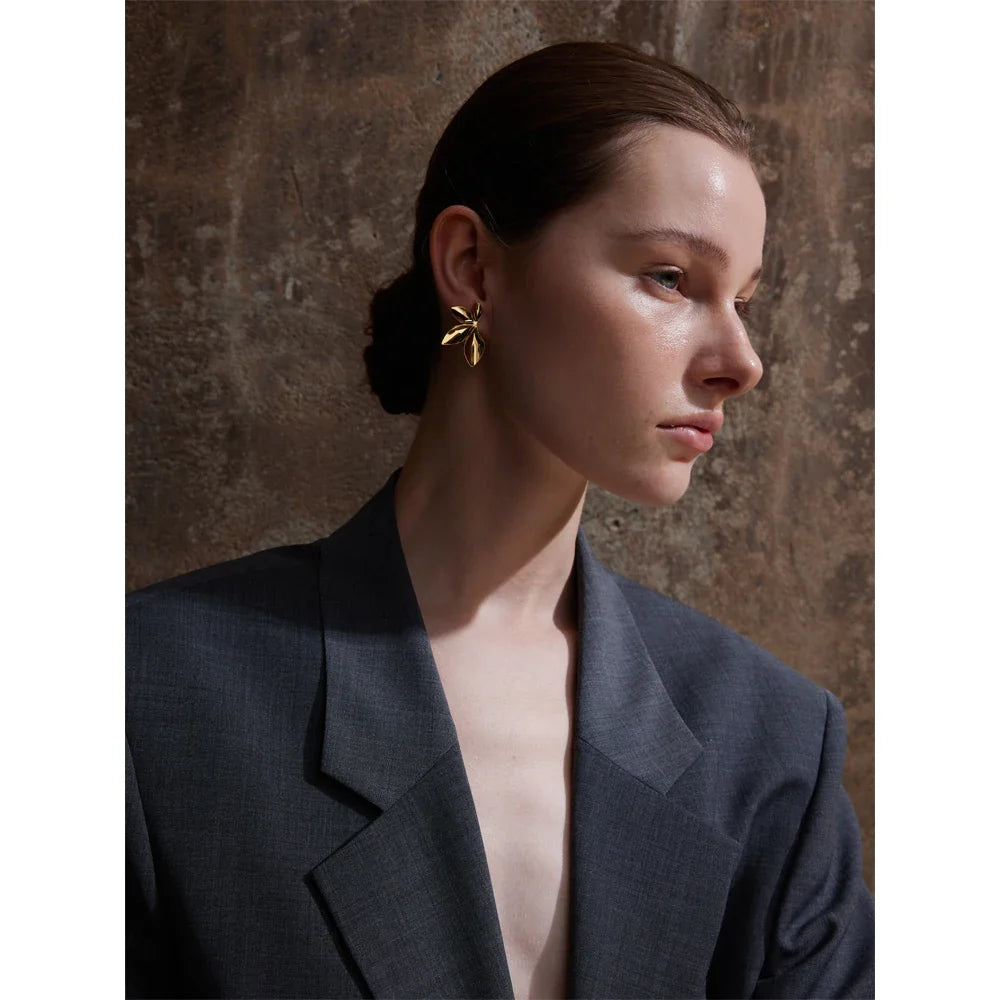Marais Golden Leaf Stud Earrings High Shine