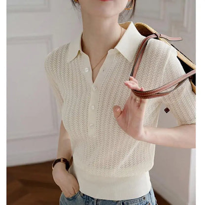 Amy Ribbed Knit Polo Blouse