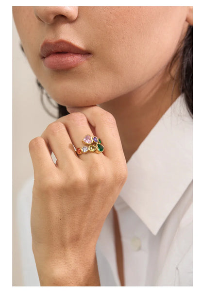 Fiorella Gold Adjustable Colorful Heart Gemstones Ring