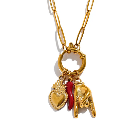 Cattiva Bold Gold Chili Hand Heart Pendant & Necklace
