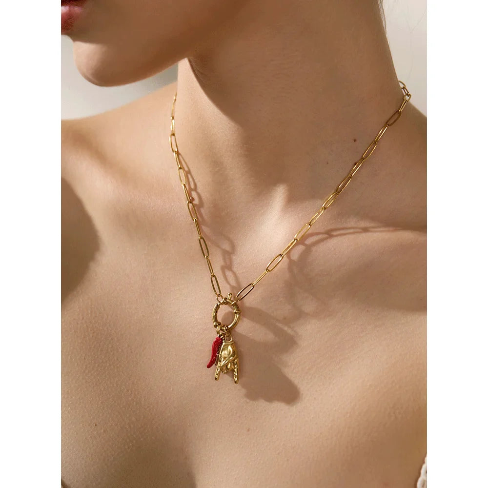 Cattiva Bold Gold Chili Hand Heart Pendant & Necklace