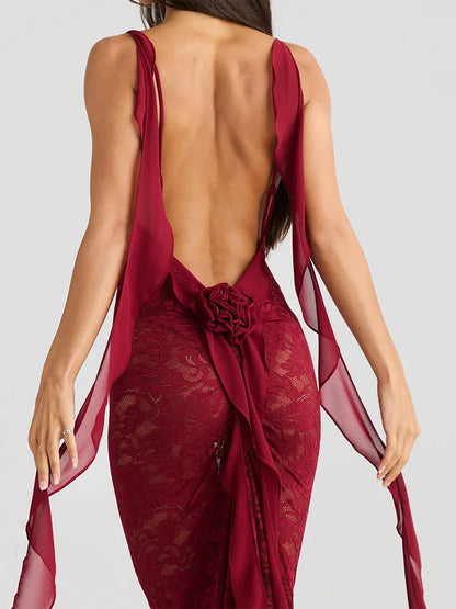 Rosette Backless Lace Mermaid Gown with Chiffon Streamers