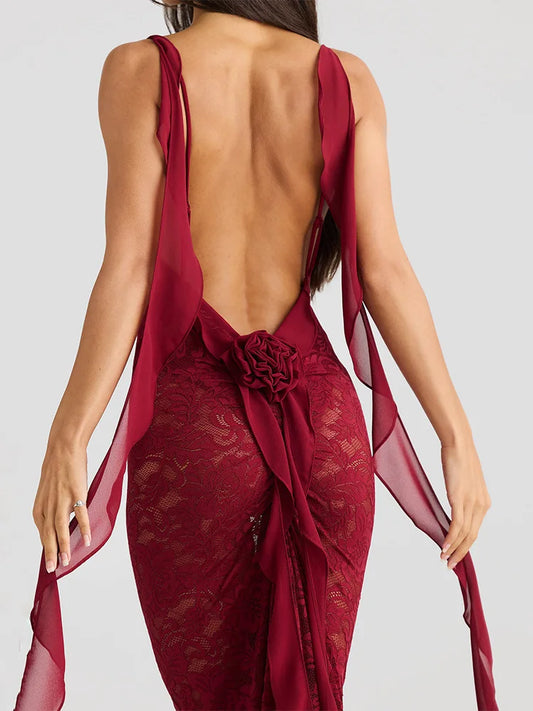 Rosette Backless Lace Mermaid Gown with Chiffon Streamers