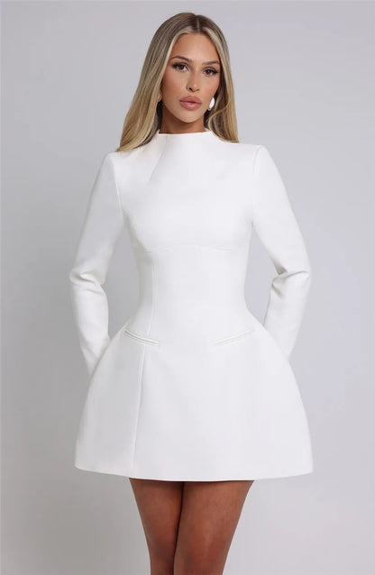 Elara White High Neck Long Sleeve Mini Dress