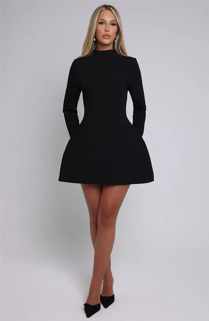 Elara White High Neck Long Sleeve Mini Dress