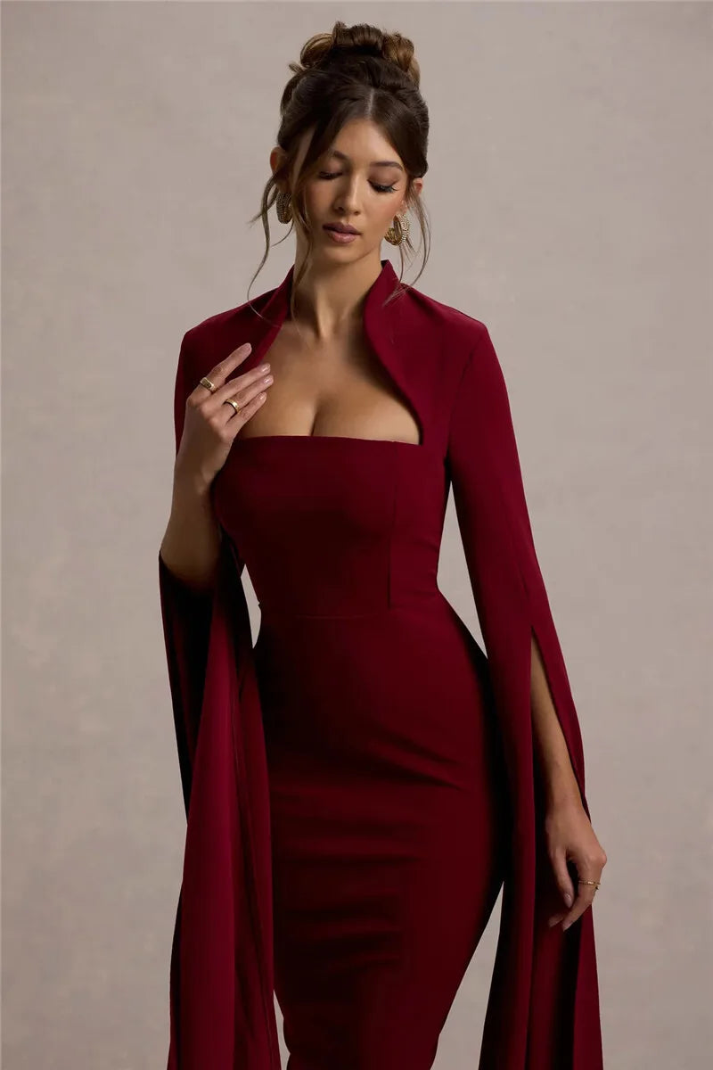 Calista Cape Strapless Sleeve Midi Dress