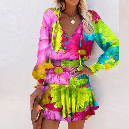 VibrantBloom - V-neck colorful floral print dress with ruffles on the bottom