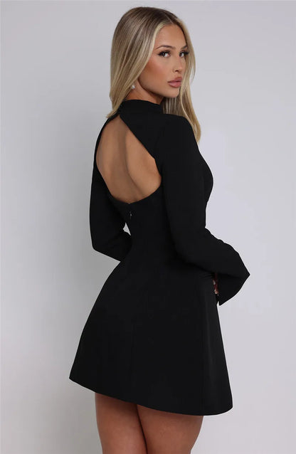Elara White High Neck Long Sleeve Mini Dress