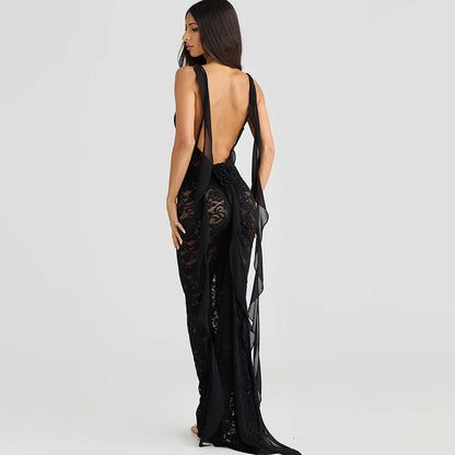 Rosette Backless Lace Mermaid Gown with Chiffon Streamers