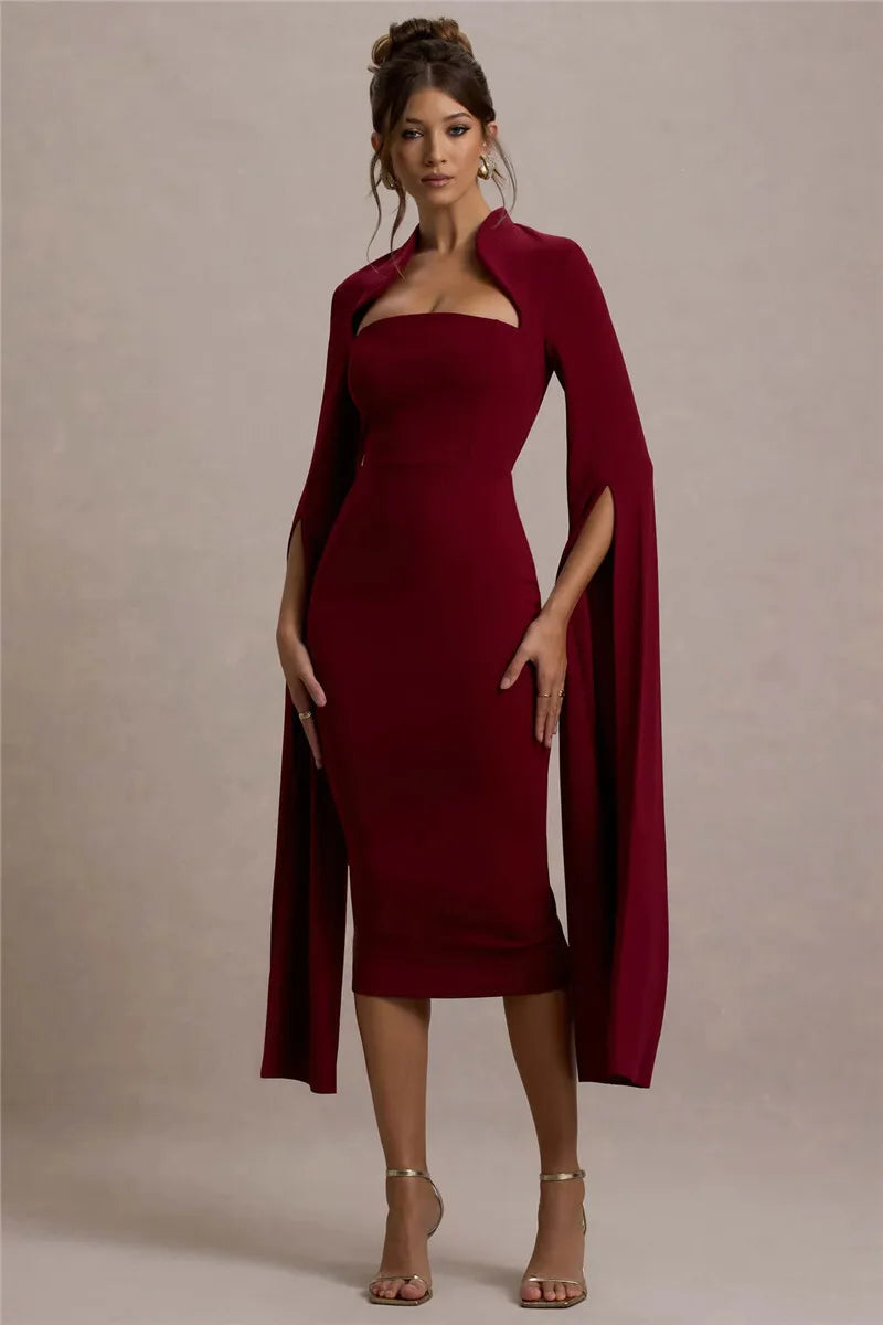Calista Cape Strapless Sleeve Midi Dress