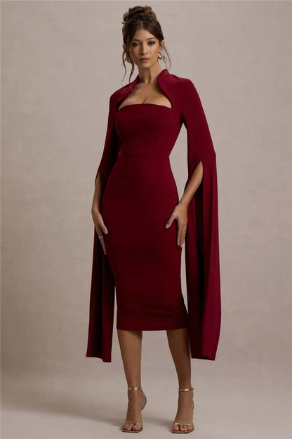 Calista Cape Strapless Sleeve Midi Dress