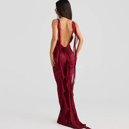 Rosette Backless Lace Mermaid Gown with Chiffon Streamers