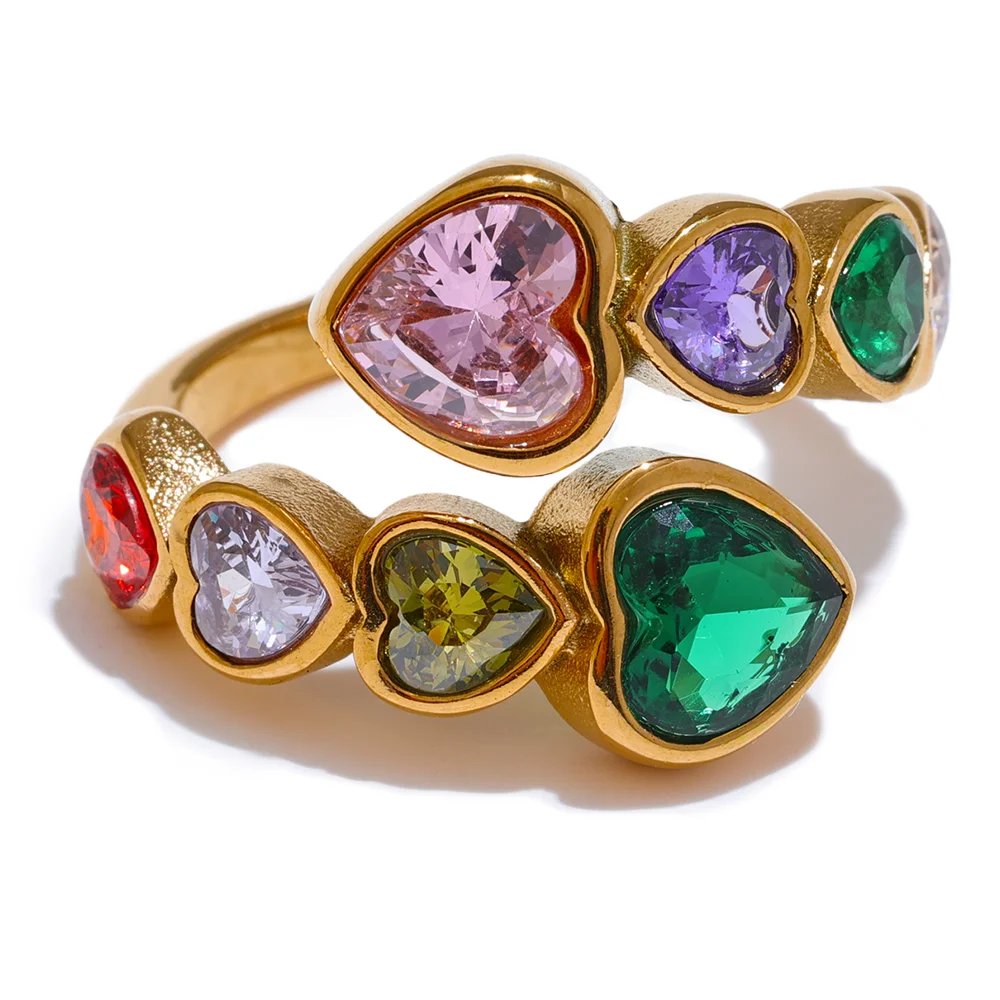 Fiorella Gold Adjustable Colorful Heart Gemstones Ring
