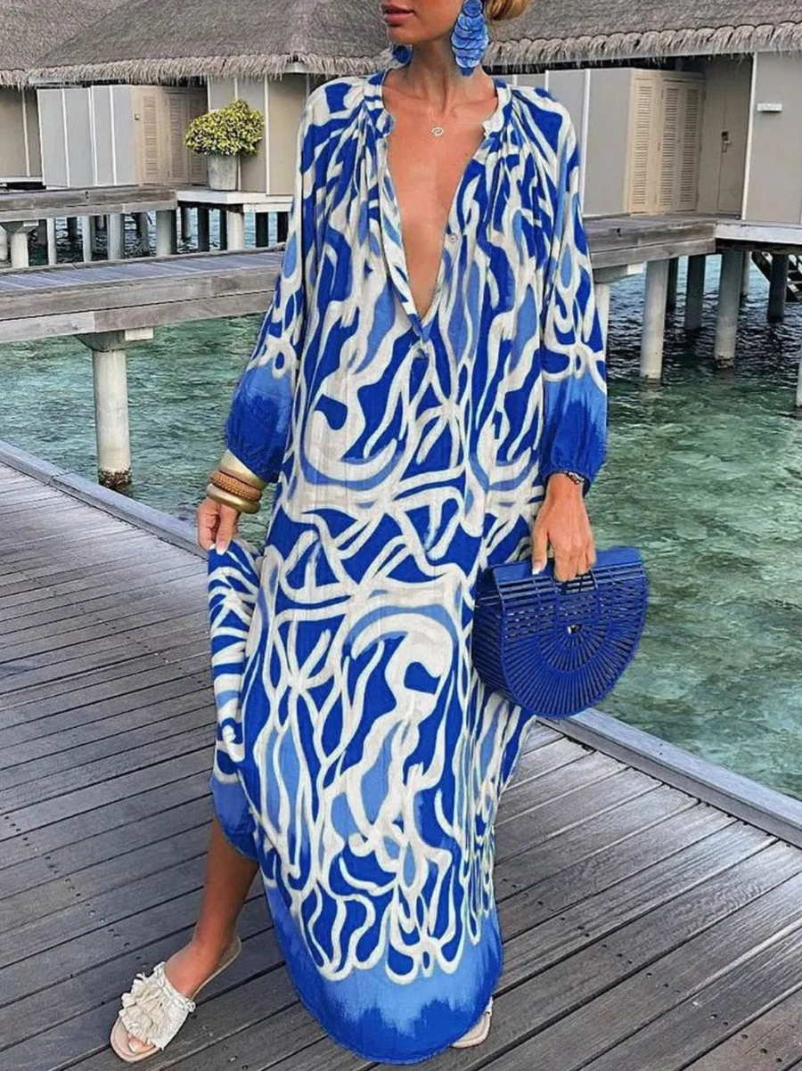 Biarritz - Maxi dress with long sleeves and a deep V-shaped neckline