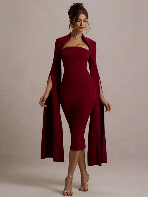 Calista Cape Strapless Sleeve Midi Dress