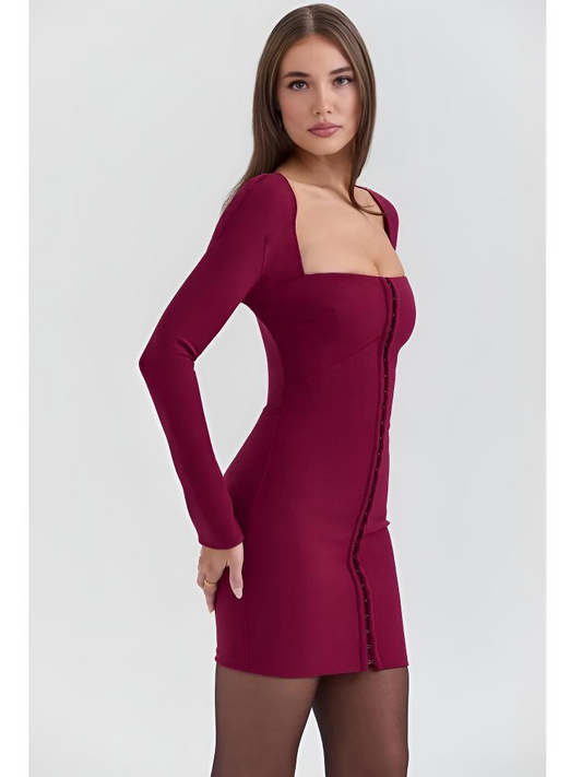 Vienna Lacceti Women's Burgundy Square Neck Button Mini Dress
