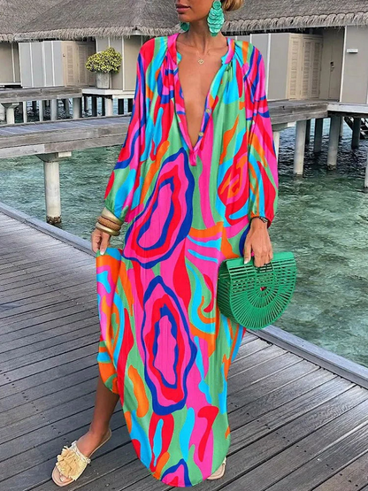 Biarritz - Maxi dress with long sleeves and a deep V-shaped neckline