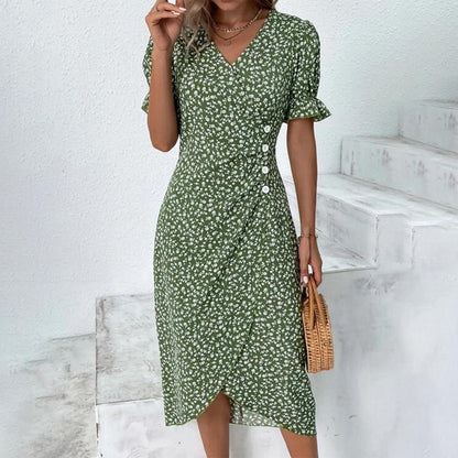 Sunflower Bloom Ring | Floral Pattern Dress with Short Sleeves