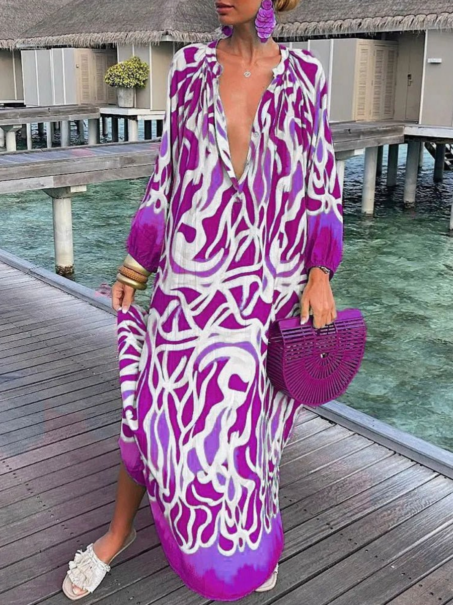 Biarritz - Maxi dress with long sleeves and a deep V-shaped neckline