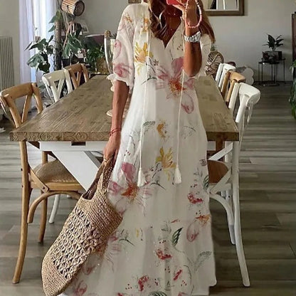 Lilly - Maxi dress with short sleeves and V-neck with floral pattern